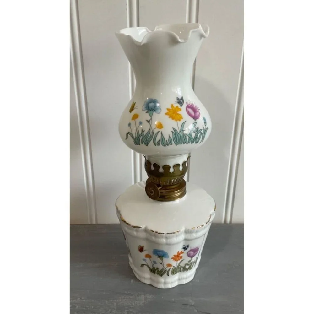 Vintage White Milk Glass Lantern Applied Floral Butterfly Miniature 8